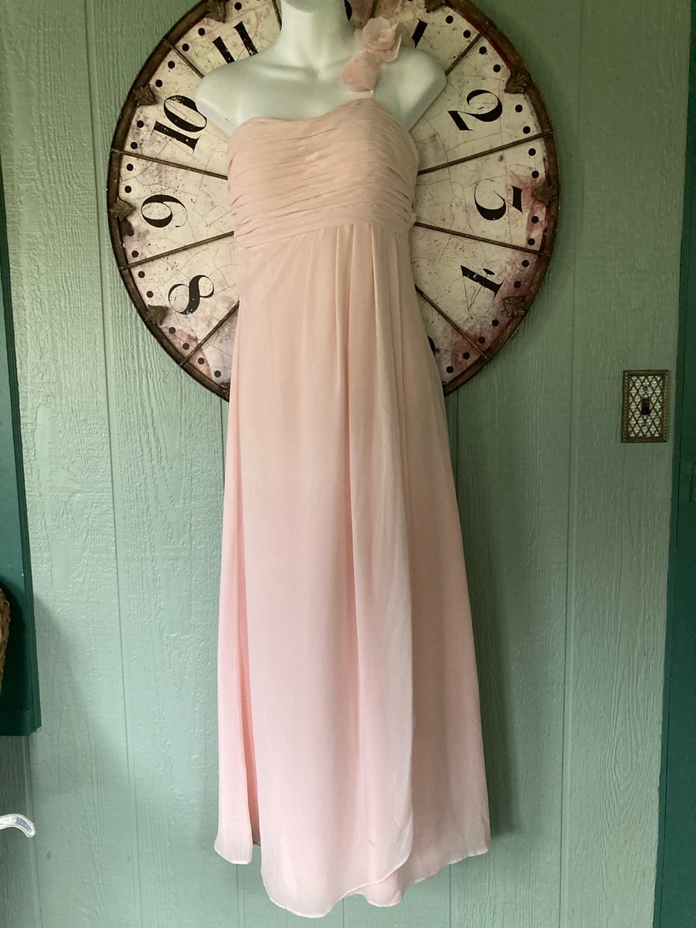 Bill Levkoff Size 12 pink one shoulder chiffon flower ruche top formal dress